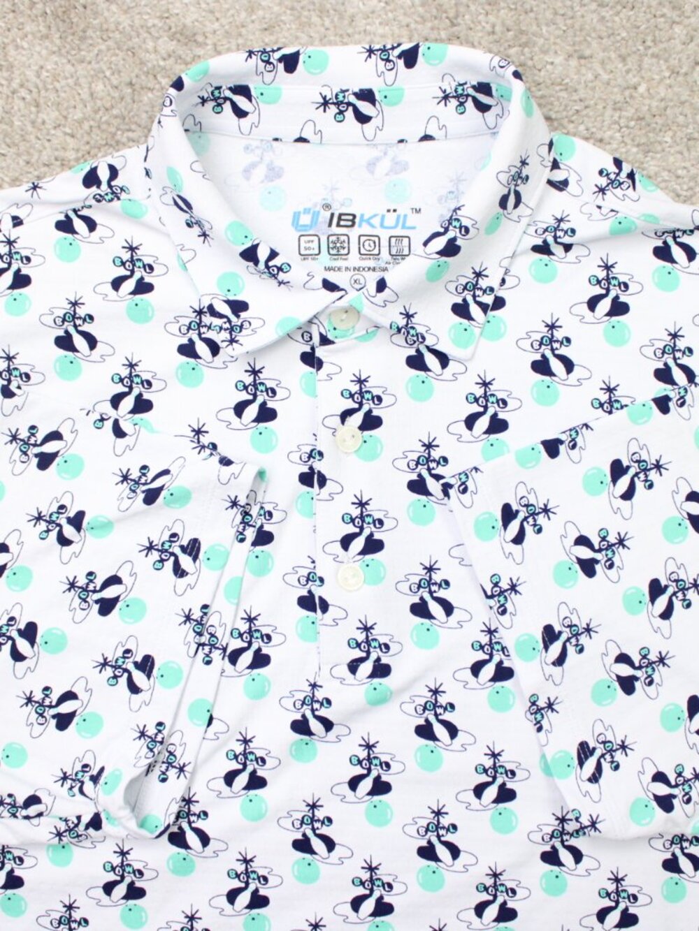 IBKUL AOP Polo Shirt Mens XL Blue/Green "Bowl" All Over Print‎ UPF 50+ Golf S/S